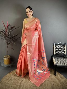 Elora - Pink Tissue Zari Weaving Paithani Saree Muniya Border with Unstitched