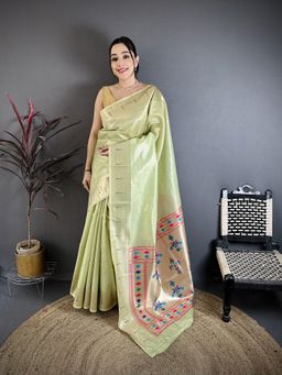 Elora - Light Green Tissue Zari Weaving Paithani Muniya Border Saree With Unstitched Blouse