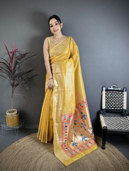 Elora - Golden Yellow Tissue Zari Weaving Paithani Muniya Border Saree With Unstitched Blouse