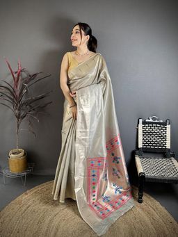 Elora - Grey Tissue Zari Weaving Paithani Muniya Border Saree With Unstitched Blouse