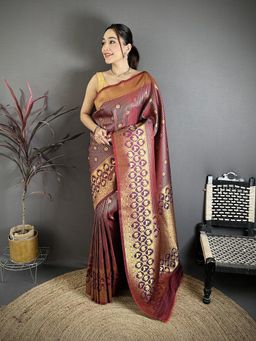 Elora - Wine Banarasi Soft Silk Woven Motifs South Pattu Saree With Unstitched Blouse