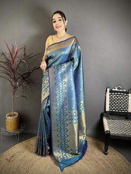 Elora - Blue Banarasi Soft Silk Woven Motifs South Pattu Saree With Unstitched Blouse