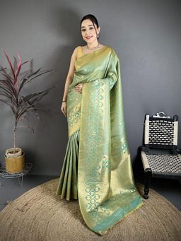 Elora - Pista Green Banarasi Soft Silk Woven Motifs South Pattu Saree With Unstitched Blouse