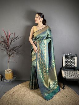 Elora - Rama Blue Banarasi Soft Silk Woven Motifs South Pattu Saree With Unstitched Blouse