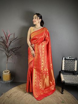 Elora - Red Banarasi Soft Silk Woven Motifs South Pattu Saree With Unstitched Blouse