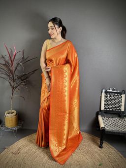 Elora - Orange Banarasi Soft Silk Woven Motifs South Pattu Saree With Unstitched Blouse