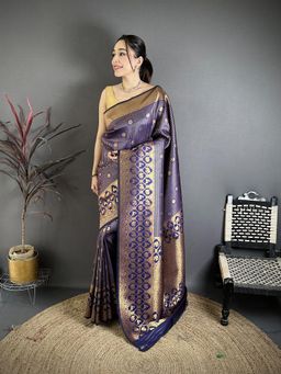 Elora - Navy Blue Banarasi Soft Silk Woven Motifs South Pattu Saree With Unstitched Blouse