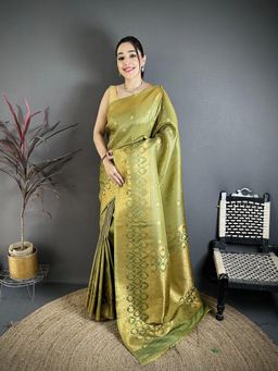 Elora - Olive Banarasi Soft Silk Woven Motifs South Pattu Saree With Unstitched Blouse