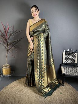 Elora - Dark Green Banarasi Soft Silk Woven Motifs South Pattu Saree With Unstitched Blouse
