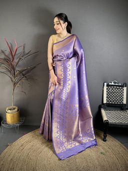Elora - Lavender Banarasi Soft Silk Woven Motifs South Pattu Saree With Unstitched Blouse