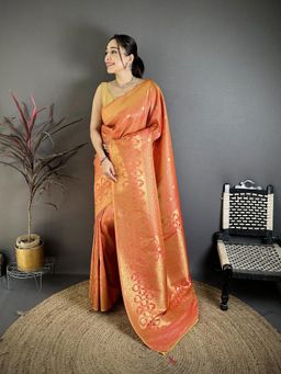Elora - Peach Banarasi Soft Silk Woven Motifs South Pattu Saree With Unstitched Blouse