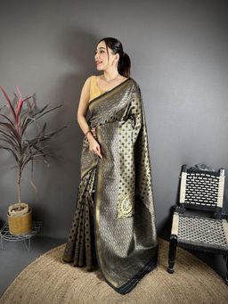 Elora - Black Soft Silk Geometric Woven Design Zari Weaving Banarasi Saree With Unstitched Blouse