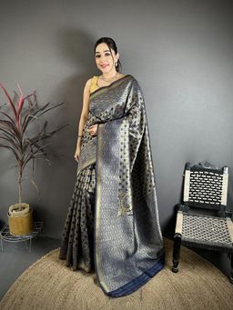 Elora - Blue Soft Silk Geometric Woven Design Zari Weaving Banarasi Saree With Unstitched Blouse