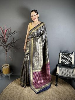 Elora - Blue Golden Soft Silk Geometric Pattern Zari Weaving Banarasi Saree With Unstitched Blouse