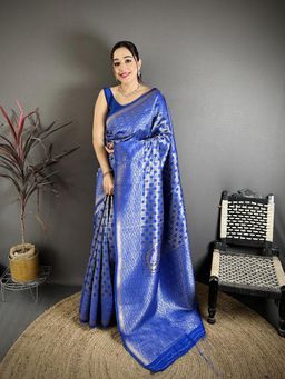 Elora - Royal Blue Soft Silk Geometric Woven Zari Weaving Banarasi Saree With Unstitched Blouse