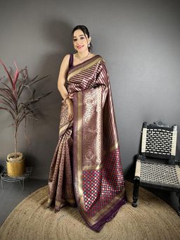 Elora - Wine Soft Silk Geometric Pattern Zari Weaving Banarasi Saree With Unstitched Blouse