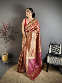 Elora - Maroon Soft Silk Geometric Pattern Zari Weaving Banarasi Saree With Unstitched Blouse