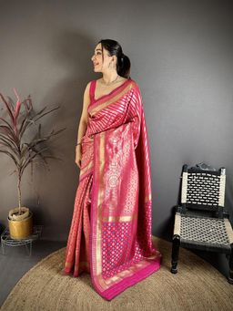 Elora - Magenta Soft Silk Geometric Pattern Zari Weaving Banarasi Saree With Unstitched Blouse
