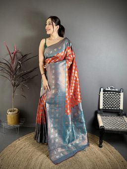 Elora - Orange Tissue Silk Floral Pattern Copper Motifs Banarasi Saree With Unstitched Blouse