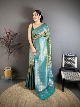 Elora - Teal Green Tissue Silk Floral Pattern Copper Motifs Banarasi Saree With Unstitched Blouse