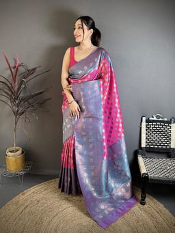 Elora - Pink Tissue Silk Floral Pattern Copper Motifs Banarasi Saree With Unstitched Blouse