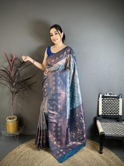 Elora - Blue Tissue Silk Floral Pattern Copper Motifs Banarasi Saree With Unstitched Blouse