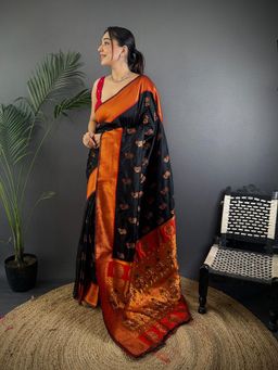 Elora - Black Soft Silk Nath Meenakari Zari Work Paithani Saree With Unstitched Blouse