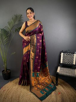 Elora - Wine Soft Silk Nath Meenakari Zari Work Paithani Saree With Unstitched Blouse