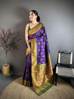 Elora - Purple Soft Silk Nath Meenakari Zari Work Paithani Saree With Unstitched Blouse