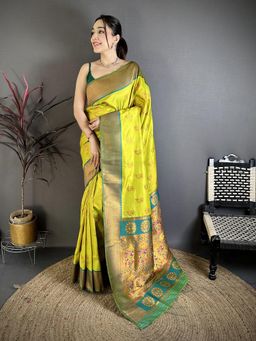 Elora - Lime Green Soft Silk Nath Meenakari Zari Work Paithani Saree With Unstitched Blouse