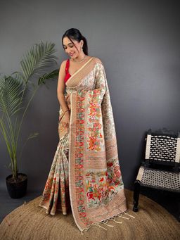 Elora - Off-White Pashmina Silk Madhubani Kashmiri Saree With Unstitched Blouse