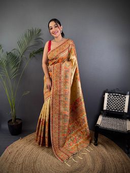 Elora - Beige Pashmina Silk Madhubani Design Kashmiri Saree With Unstitched Blouse