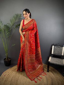 Elora - Red Pashmina Silk Madhubani Design Kashmiri Saree With Unstitched Blouse