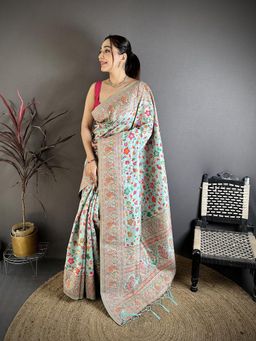 Elora - Light Blue Pashmina Silk Madhubani Kashmiri Saree With Unstitched Blouse