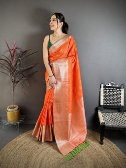 Elora - Orange Banarasi Silk Intricate Zari Weaving Kanjivaram Sarees with Unstitched