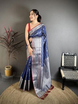 Elora - Dark Blue Banarasi Silk Geometric Shape Kanjivaram Sarees with Unstitched