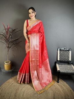 Elora - Red Banarasi Silk Checked Pattern Kanjivaram Sarees with Unstitched