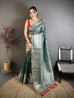 Elora - Green Banarasi Silk Zari Woven Ethnic Motifs Kanjivaram Sarees with Unstitched