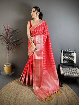 Elora - Red Banarasi Silk Delicate Patterns Kanjivaram Sarees with Unstitched