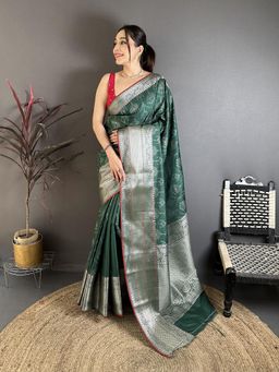 Elora - Dark Green Banarasi Silk Ajrakh Woven Kanjivaram Sarees with Unstitched
