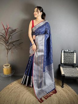 Elora - Royal Blue Banarasi Silk Intricate Zari Weaving Kanjivaram Sarees with Unstitched