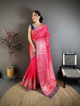Elora - Rani Pink Banarasi Silk Woven Design Kanjivaram Sarees with Unstitched
