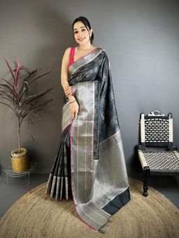 Elora - Black Banarasi Silk Leaf Motif Kanjivaram Sarees with Unstitched