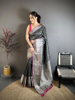 Elora - Black Banarasi Silk Geometric Butta Kanjivaram Sarees with Unstitched