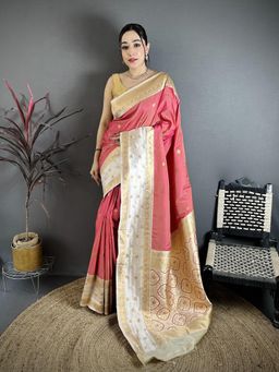 Elora - Pink Soft Silk Gold Zari Weaving Banarasi Saree With Unstitched Blouse