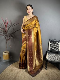 Elora - Bronze Soft Silk Gold Zari Weaving Banarasi Saree With Unstitched Blouse