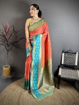 Elora - Coral Soft Silk Gold Zari Weaving Banarasi Saree With Unstitched Blouse