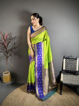 Elora - Green Soft Silk Gold Zari Weaving Banarasi Saree With Unstitched Blouse