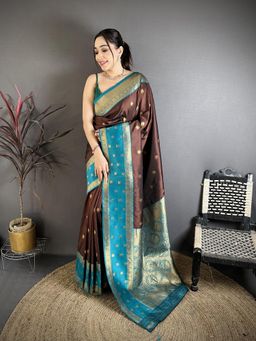Elora - Brown Soft Silk Gold Zari Weaving Banarasi Saree With Unstitched Blouse