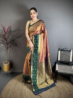 Elora - Copper Soft Silk Gold Zari Weaving Banarasi Saree With Unstitched Blouse